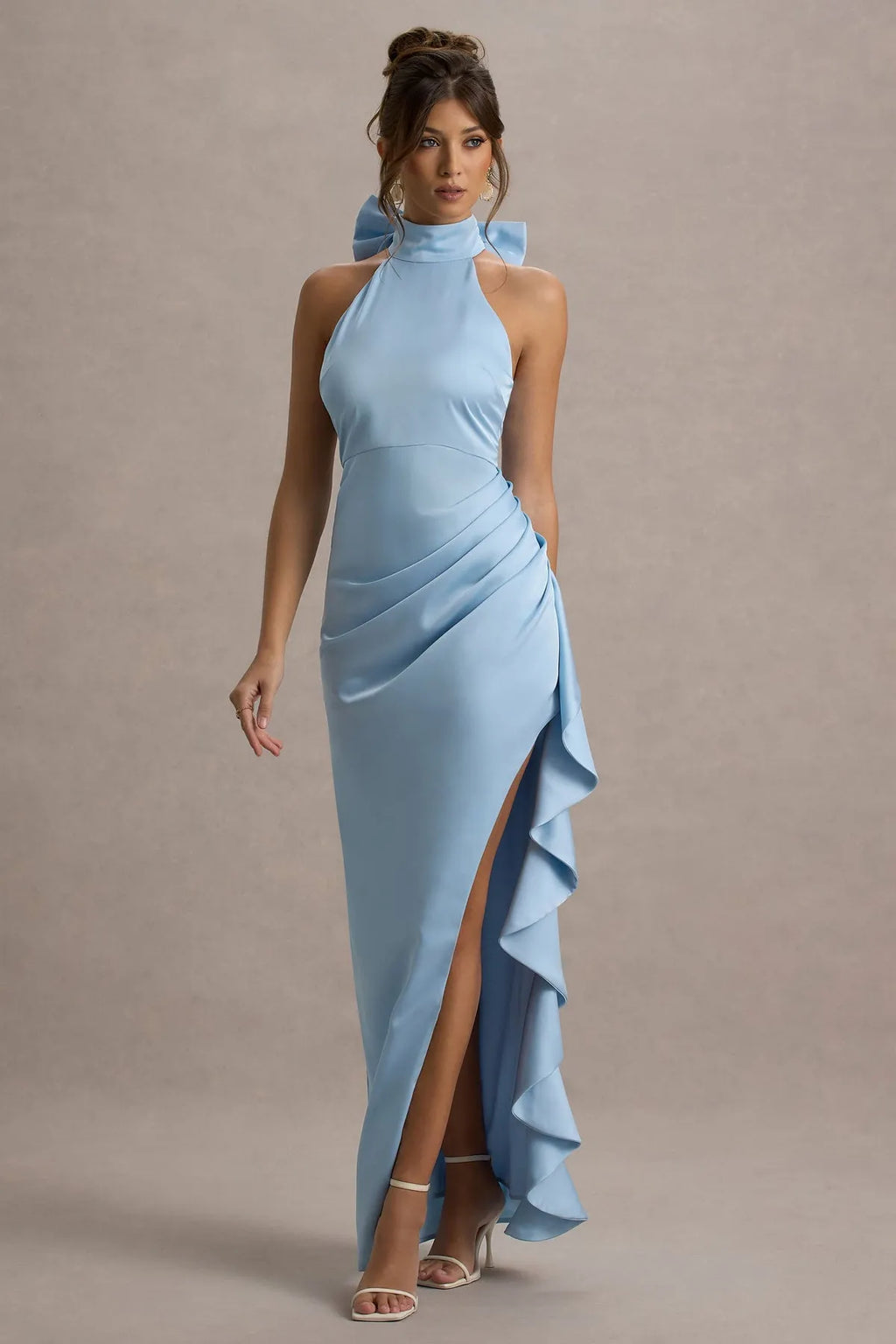 Light Blue Halter Prom Dress with Bow Detail Ruched Sides and Dramatic Ruffled Slit