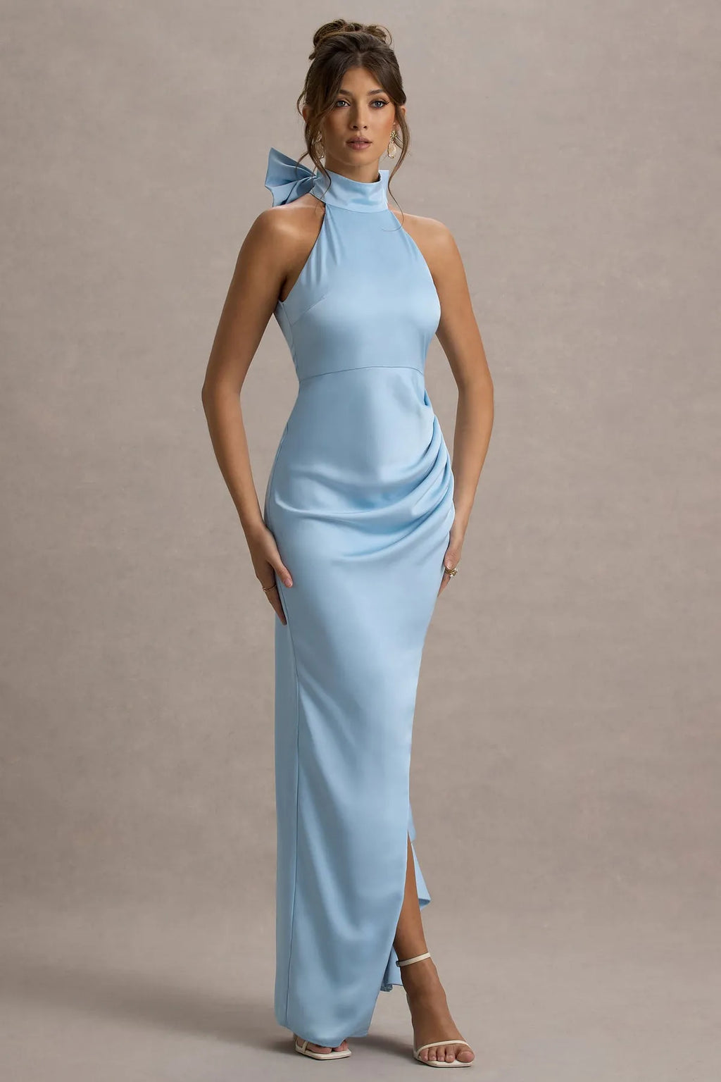 Light Blue Halter Prom Dress with Bow Detail Ruched Sides and Dramatic Ruffled Slit