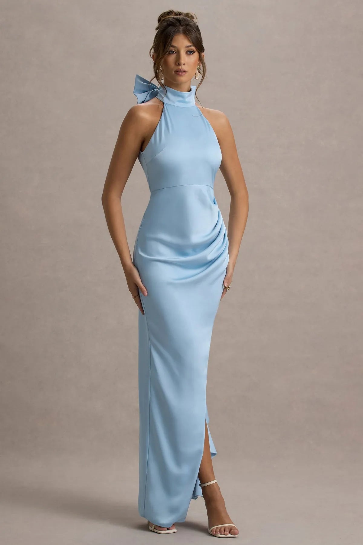 Light Blue Halter Prom Dress with Bow Detail Ruched Sides and Dramatic Ruffled Slit