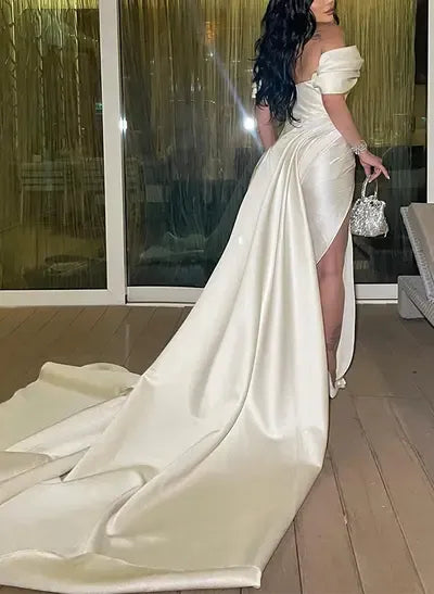 White Mermaid Off-the-Shoulder Ruched Train Prom Dress With Slit Custom