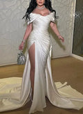 White Mermaid Off-the-Shoulder Ruched Train Prom Dress With Slit Custom