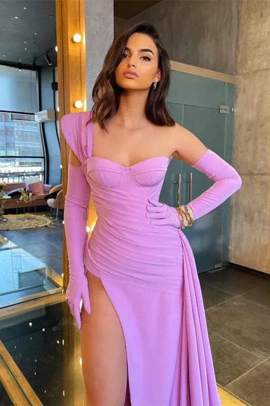 Lilac Mermaid Sweetheart Neck One Shoulder Ruched Draped Train Evening Dress