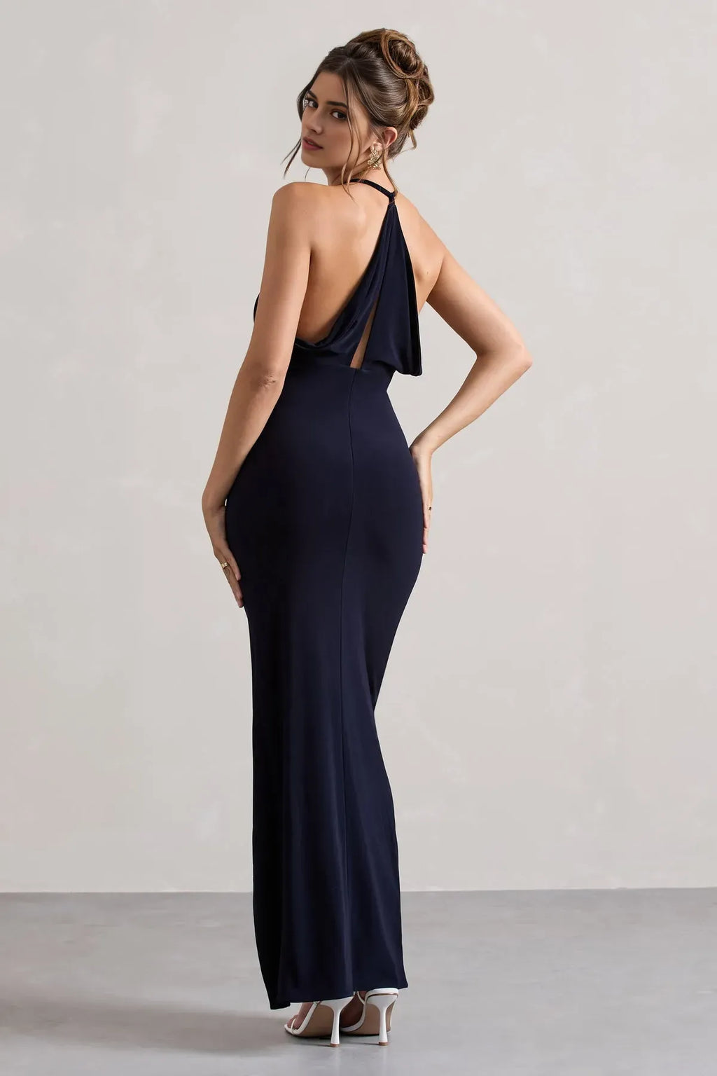 Blue Midnight Halter V Neck Maxi Dress with Twisted Accent and Dramatic Side Slit