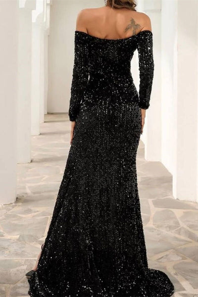 Black Off The Shoulder Prom Dress Front-Split Evening Gowns With Long Sleeves