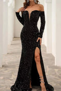Black Off The Shoulder Prom Dress Front-Split Evening Gowns With Long Sleeves