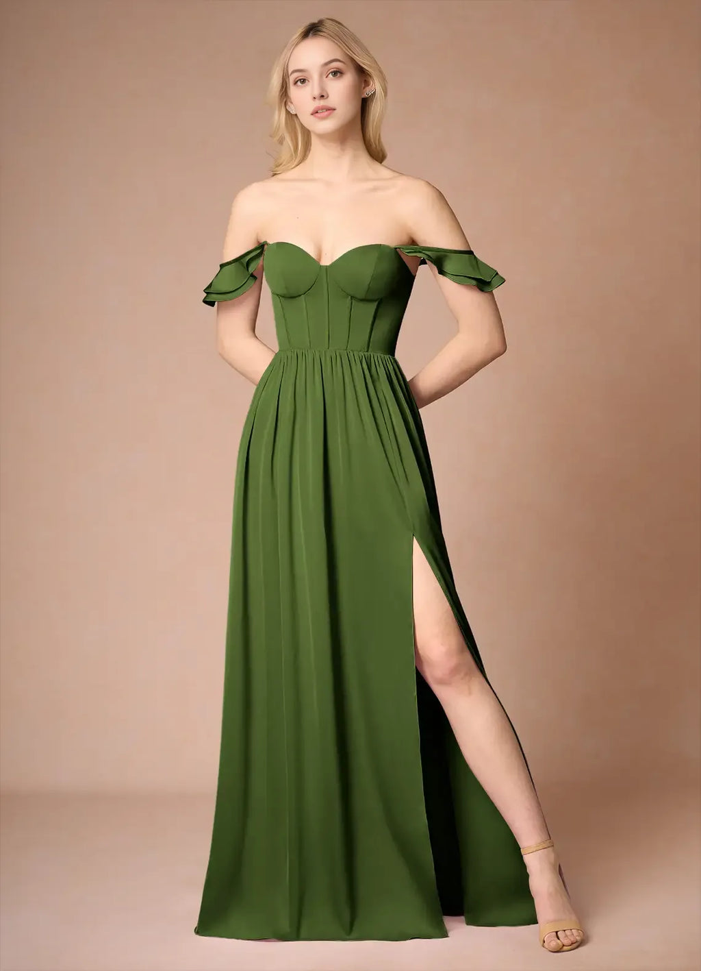 Green Olive Prom Dress Ruffled Shoulder Straps Sweetheart Neckline Corset Bodice and High Slit for Formal Galas