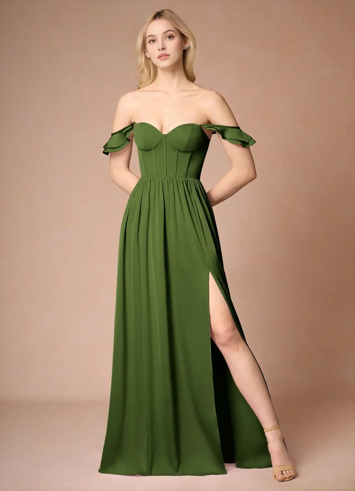 Green Olive Prom Dress Ruffled Shoulder Straps Sweetheart Neckline Corset Bodice and High Slit for Formal Galas