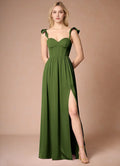 Green Olive Prom Dress Ruffled Shoulder Straps Sweetheart Neckline Corset Bodice and High Slit for Formal Galas