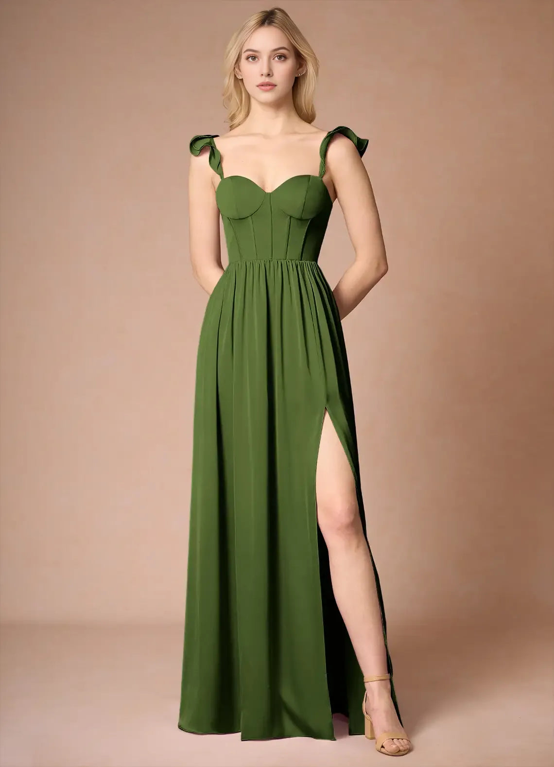 Green Olive Prom Dress Ruffled Shoulder Straps Sweetheart Neckline Corset Bodice and High Slit for Formal Galas