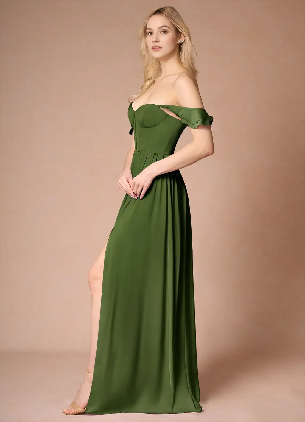 Green Olive Prom Dress Ruffled Shoulder Straps Sweetheart Neckline Corset Bodice and High Slit for Formal Galas