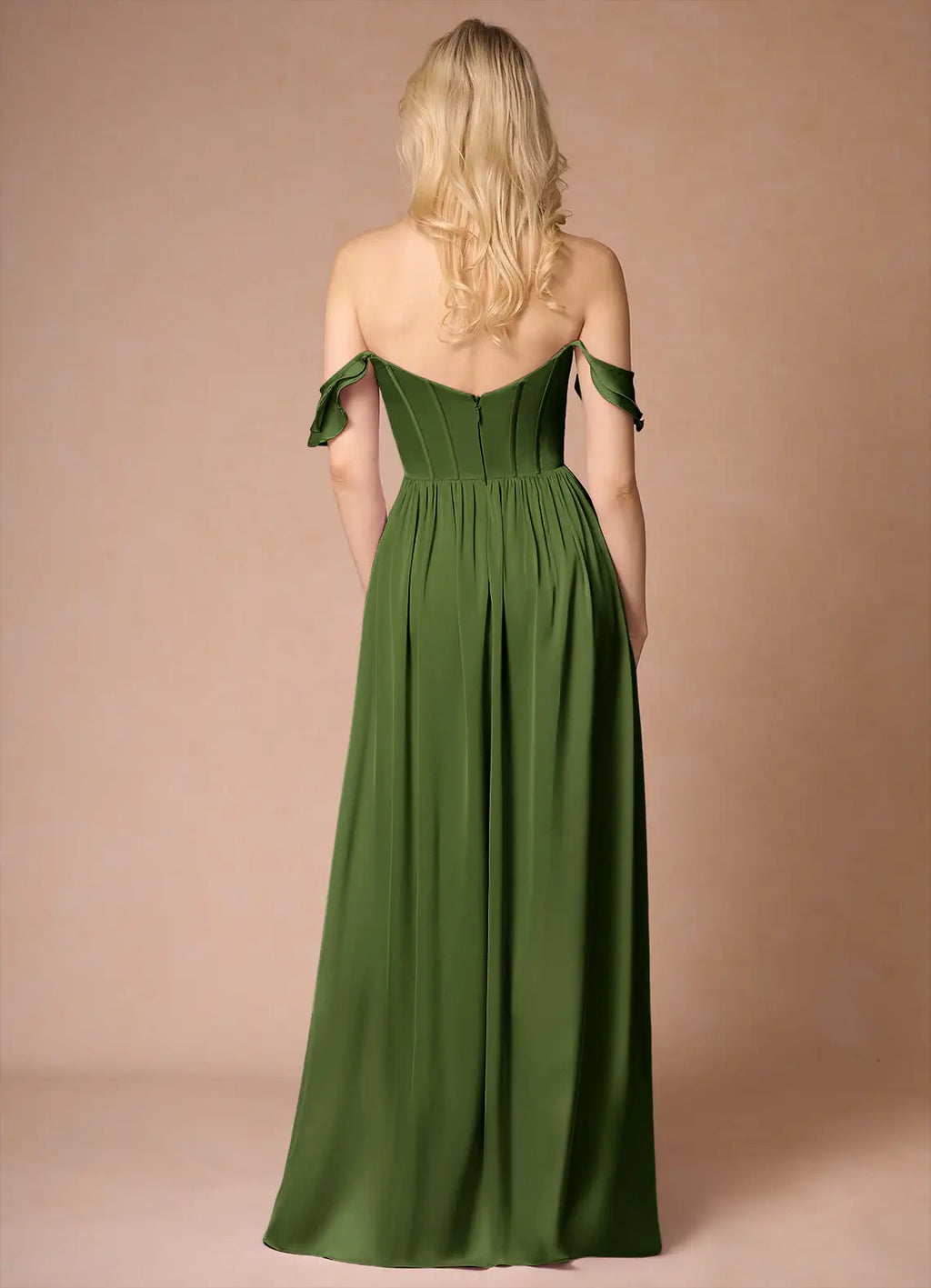 Green Olive Prom Dress Ruffled Shoulder Straps Sweetheart Neckline Corset Bodice and High Slit for Formal Galas
