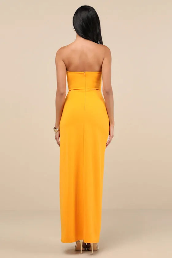 Orange Strapless Prom Dress with Ruched Bodice High-Thigh Side Slit and Figure-Hugging Silhouette for Formal Occasions