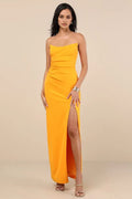 Orange Strapless Prom Dress with Ruched Bodice High-Thigh Side Slit and Figure-Hugging Silhouette for Formal Occasions
