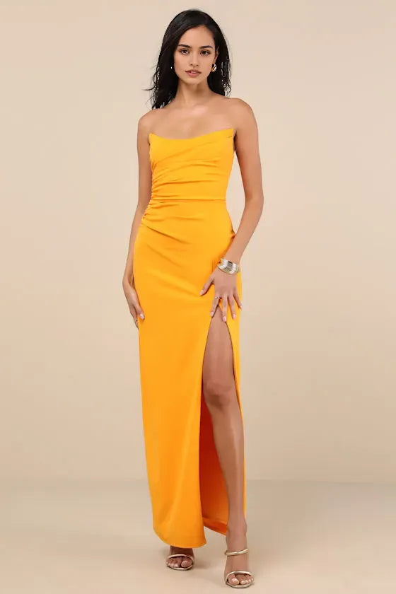 Orange Strapless Prom Dress with Ruched Bodice High-Thigh Side Slit and Figure-Hugging Silhouette for Formal Occasions