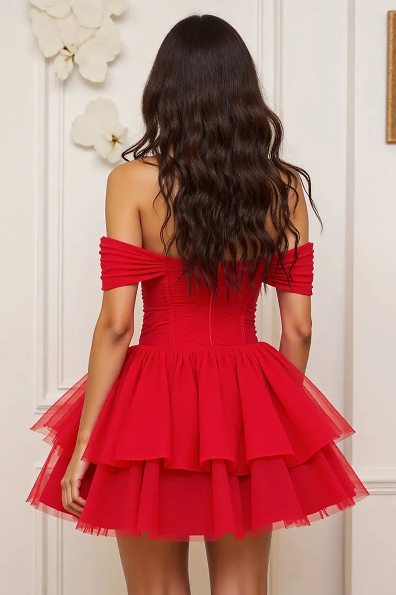 Red Off - Shoulder Homecoming Dress with Tiered Skirt