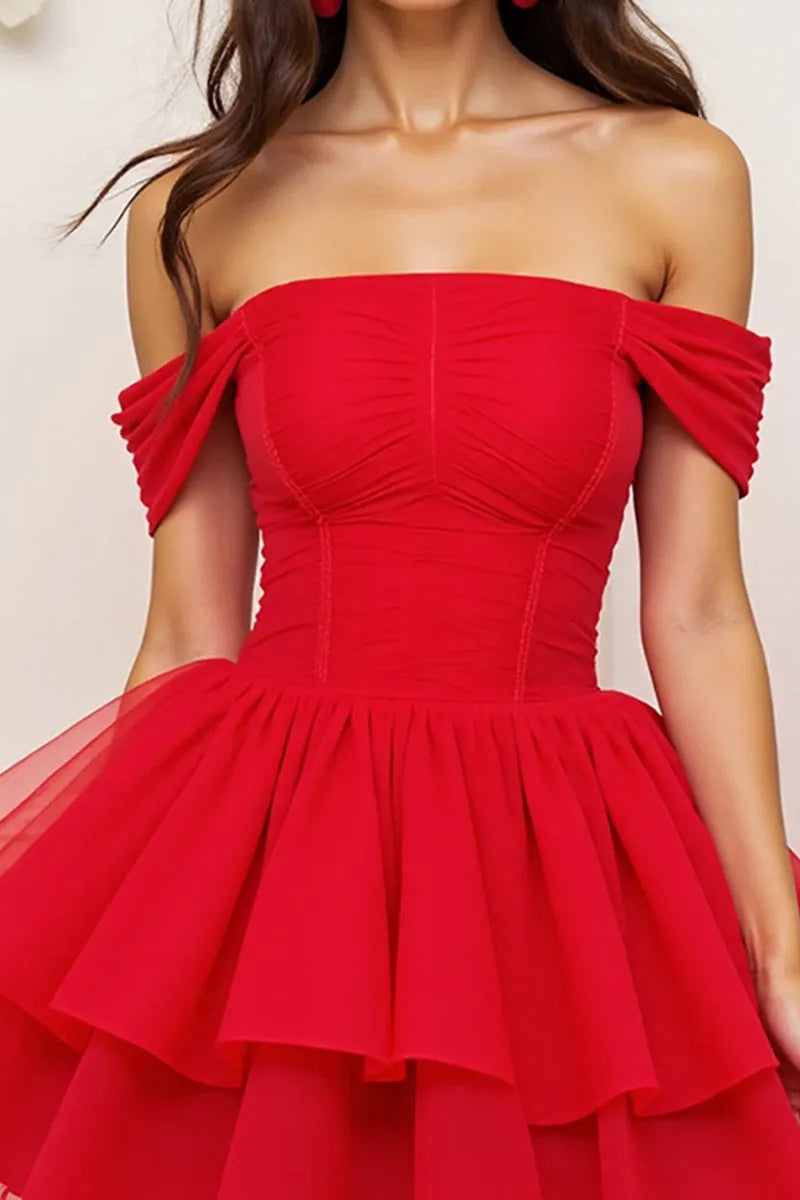 Red Off - Shoulder Homecoming Dress with Tiered Skirt