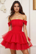 Red Off - Shoulder Homecoming Dress with Tiered Skirt