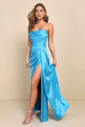 Sky Blue Prom Dress with Strapless Neckline Ruched Bodice Asymmetric Drape High-Thigh Slit Perfect for Formal Galas