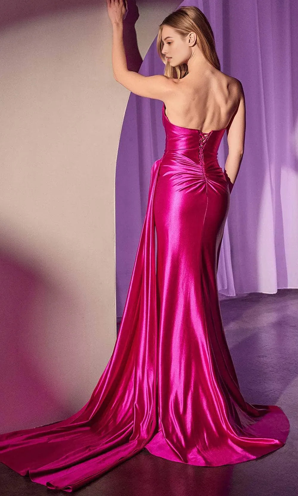 Black Strapless Evening Dress with Corset Inspired Bodice Dramatic Draping and High Side Slit for Formal Events