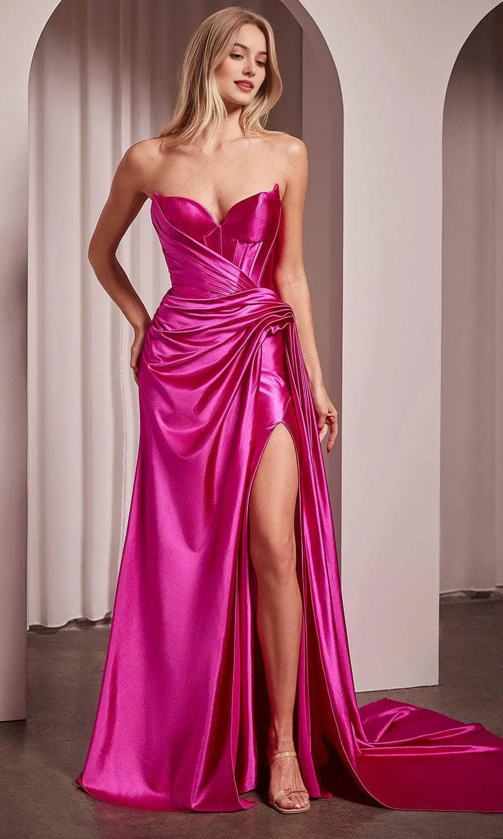 Black Strapless Evening Dress with Corset Inspired Bodice Dramatic Draping and High Side Slit for Formal Events