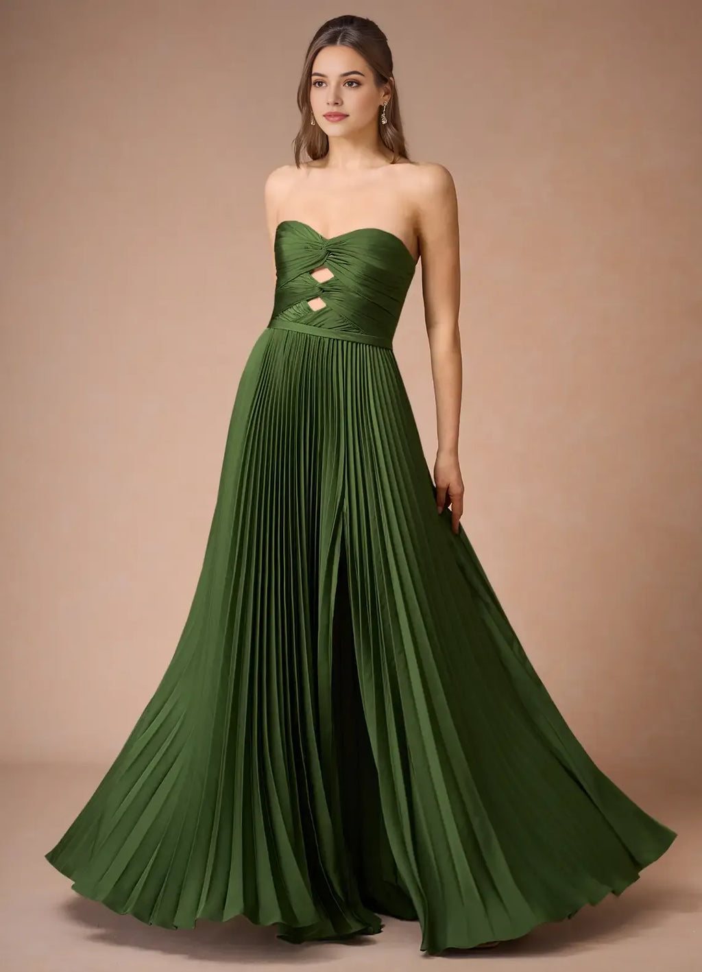 Green Strapless Olive Prom Dress with Pleated Skirt Cut Out Accents and High Slit for Formal Galas