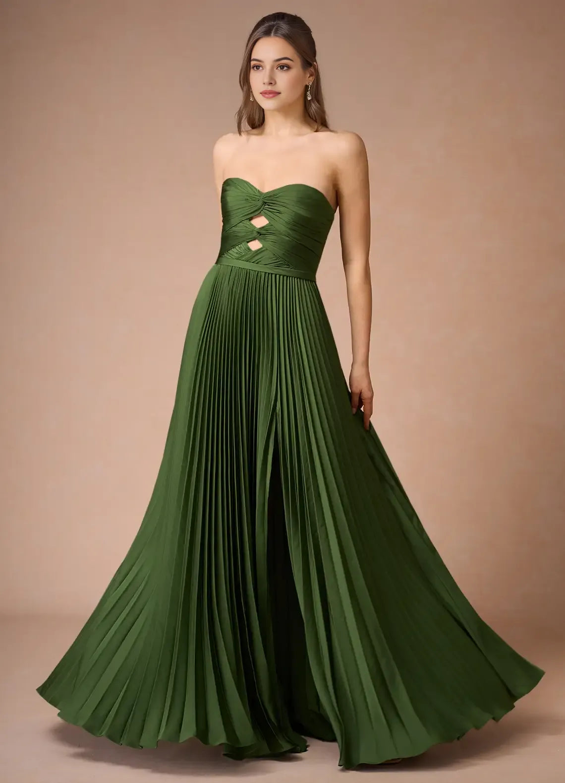 Green Strapless Olive Prom Dress with Pleated Skirt Cut Out Accents and High Slit for Formal Galas