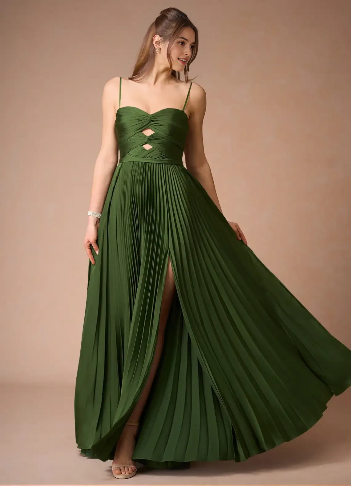Green Strapless Olive Prom Dress with Pleated Skirt Cut Out Accents and High Slit for Formal Galas