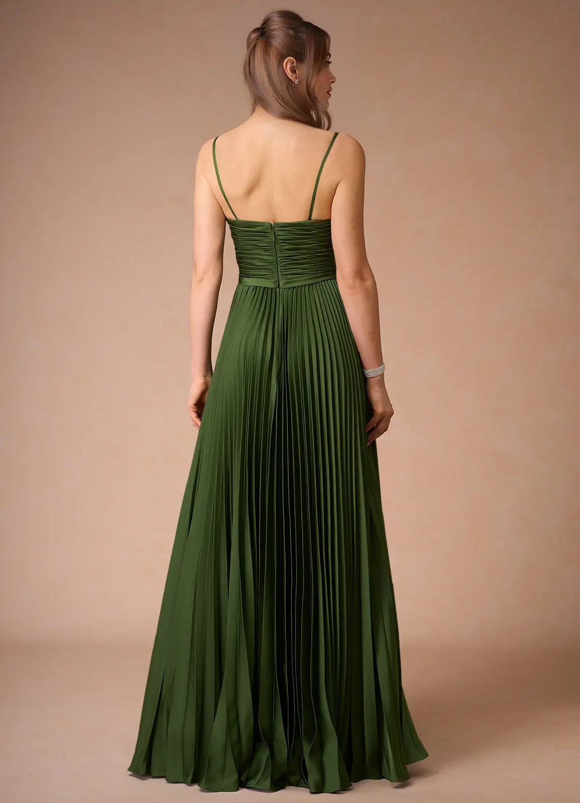 Green Strapless Olive Prom Dress with Pleated Skirt Cut Out Accents and High Slit for Formal Galas