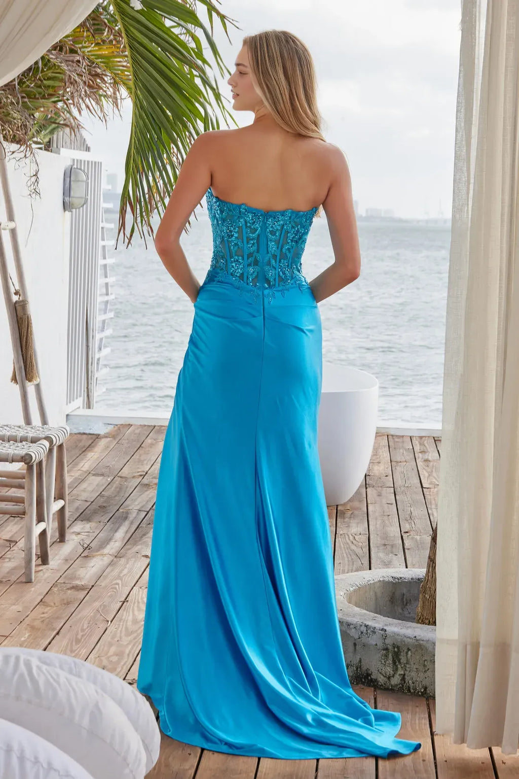 Strapless Turquoise Prom Gown with Bodice Skirt and High Side Slit for Formal Occasions