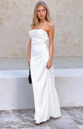 White Prom Dress Square Neckline Ruched Side Flowy Silhouette for Formal Occasions