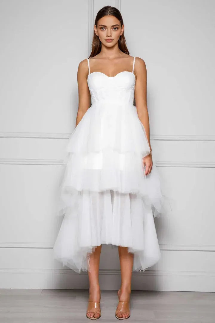 Beautiful Timeless Special Occasion Elegant White Tulle A-Line Sleeveless Tea-Length Wedding Dress