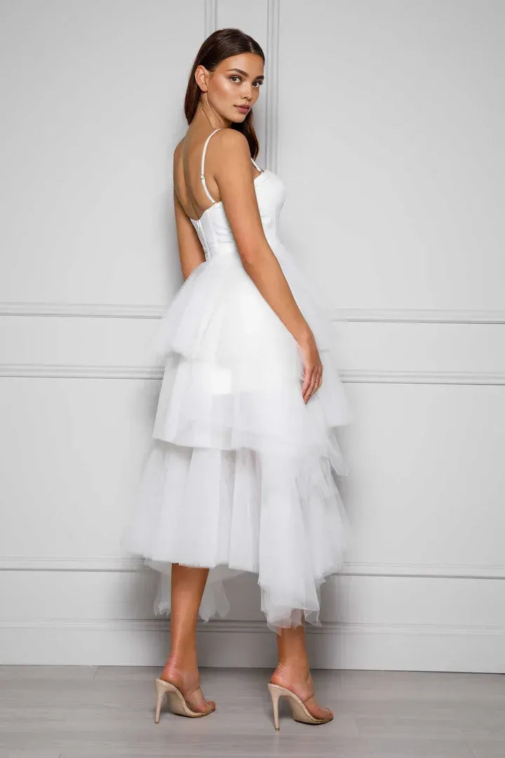 Beautiful Timeless Special Occasion Elegant White Tulle A-Line Sleeveless Tea-Length Wedding Dress