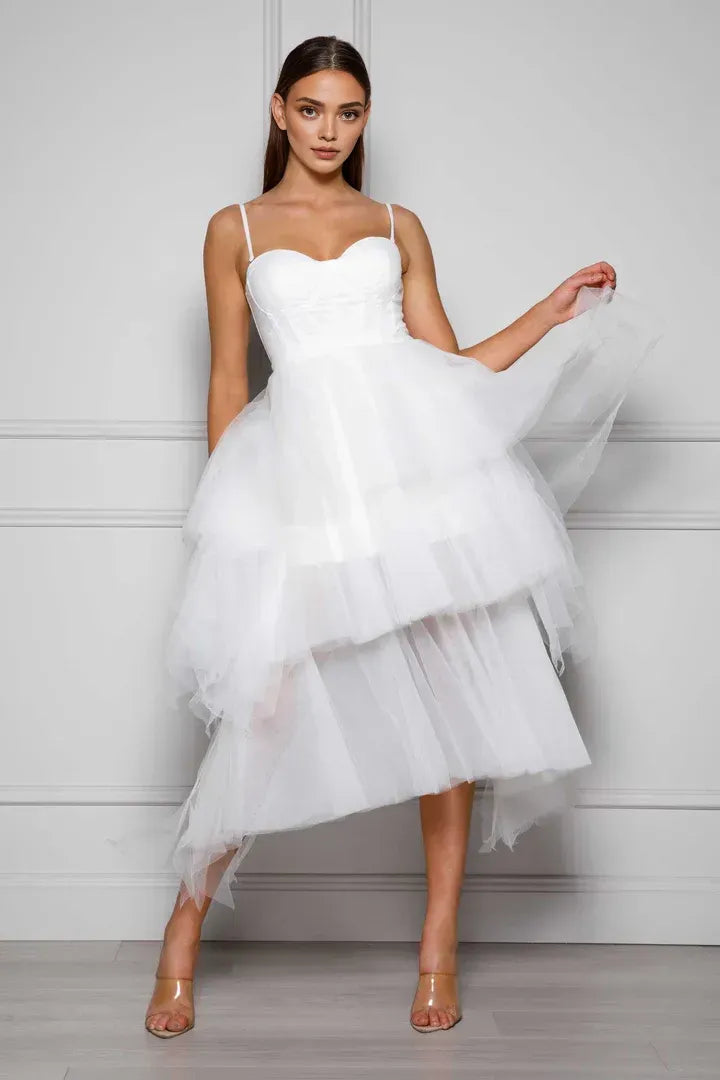 Beautiful Timeless Special Occasion Elegant White Tulle A-Line Sleeveless Tea-Length Wedding Dress