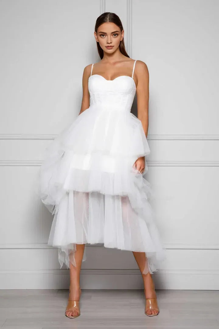 Beautiful Timeless Special Occasion Elegant White Tulle A-Line Sleeveless Tea-Length Wedding Dress