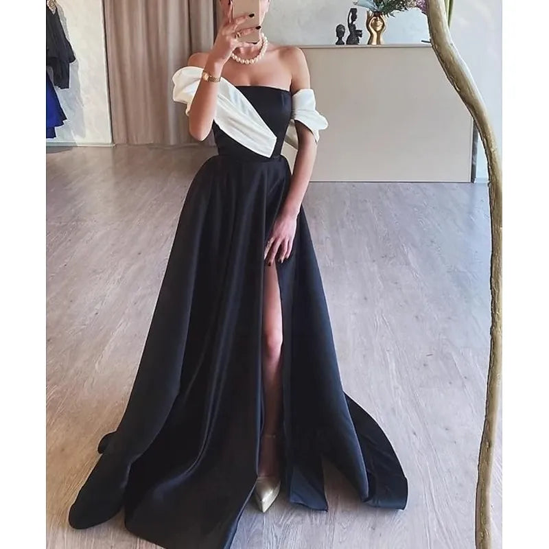 Black Ball Gown Off Shoulder Ruched Color Block Prom Dress With High Slit