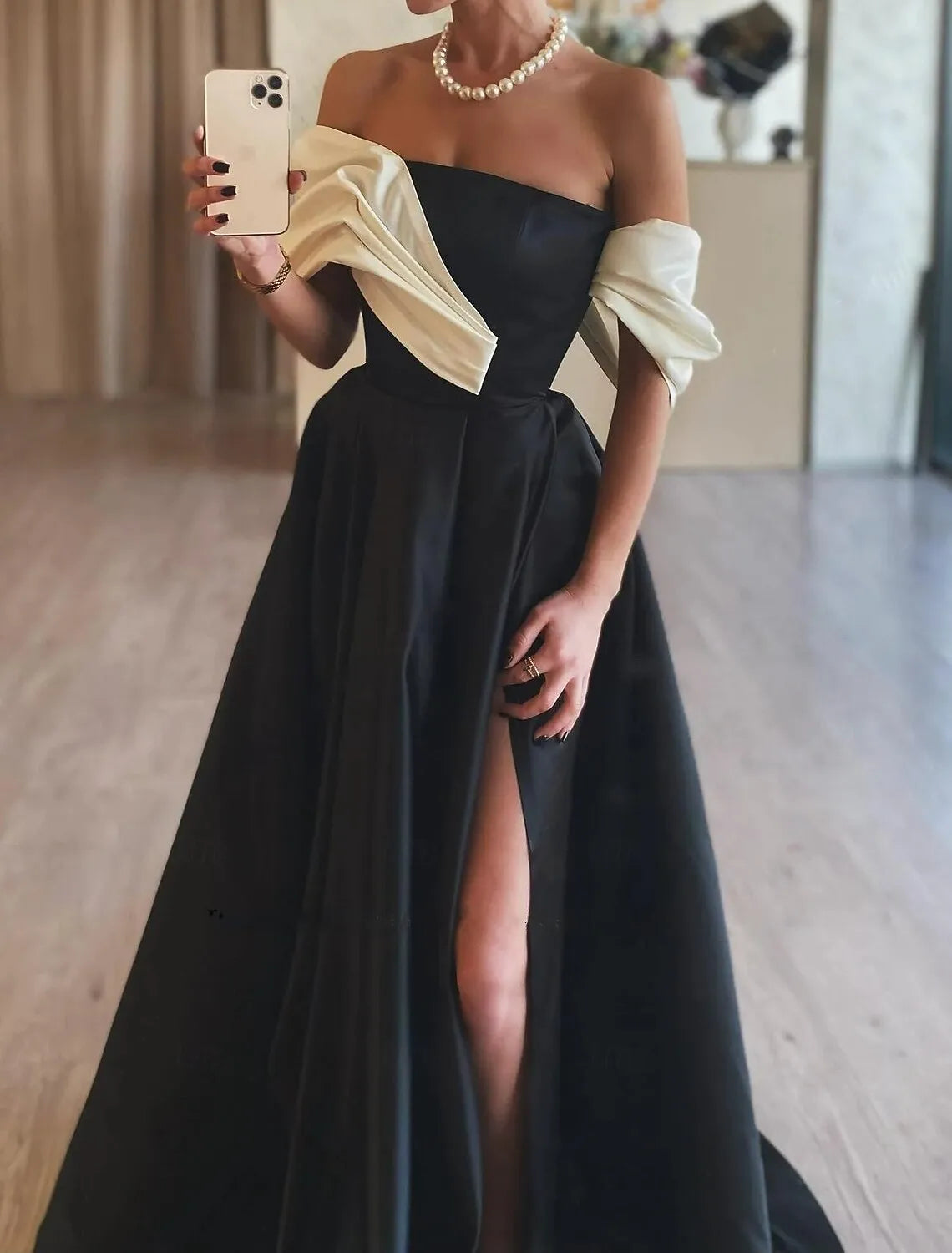 Black Ball Gown Off Shoulder Ruched Color Block Prom Dress With High Slit