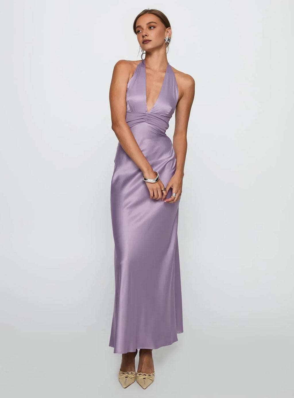 Refined Beautiful Timeless Elegant Lilac Satin Bodycon Halter Sleeveless Floor-Length Prom Dress