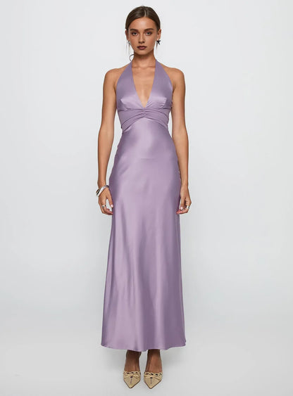 Refined Beautiful Timeless Elegant Lilac Satin Bodycon Halter Sleeveless Floor-Length Prom Dress