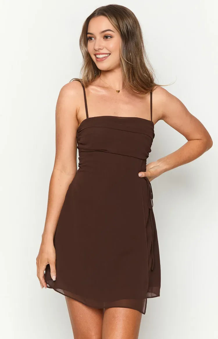 Brown Homecoming Dress Ruched Bust Spaghetti Straps Side Tie for a Standout Entrance