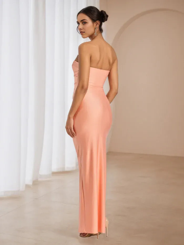 Coral Strapless Bodycon Prom Dress Ruched Detailing High - Slit Maxi Gown Ideal for Evening Events