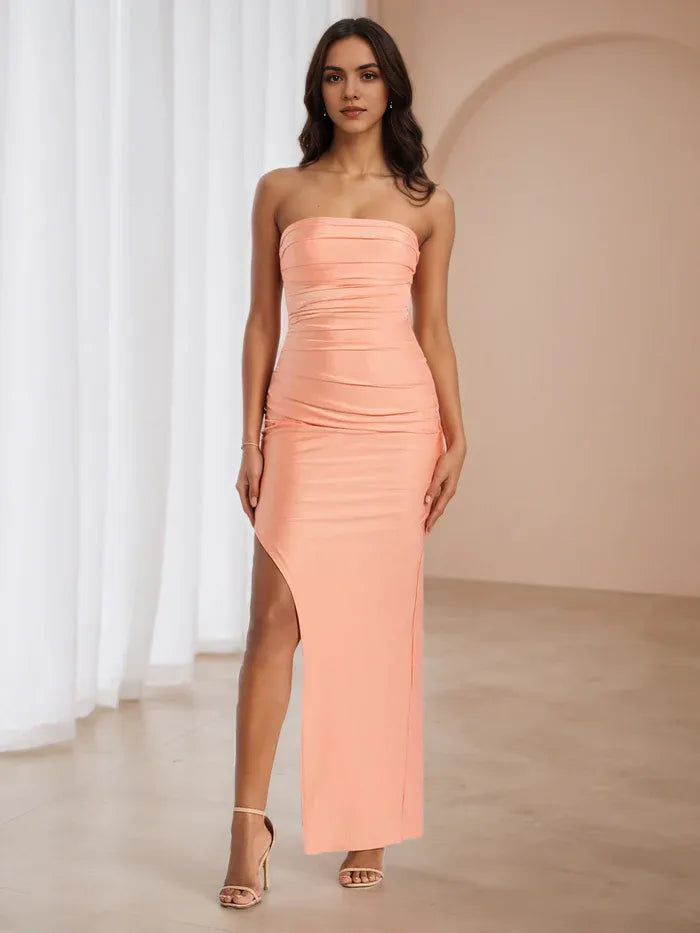 Coral Strapless Bodycon Prom Dress Ruched Detailing High - Slit Maxi Gown Ideal for Evening Events