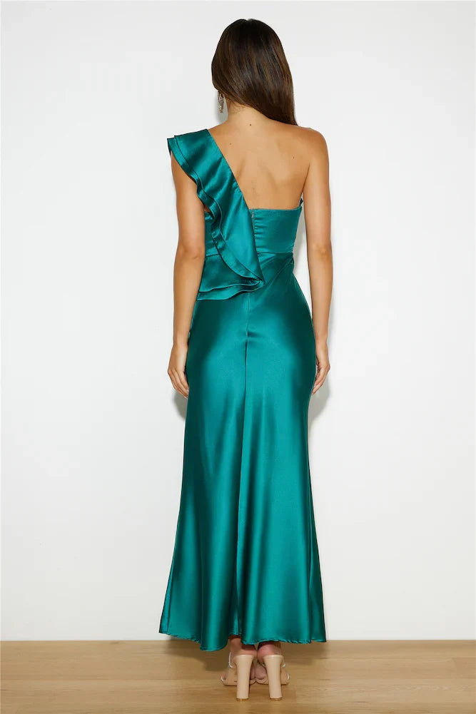 Green Mermaid One Shoulder Ruffle Maxi Prom Dress