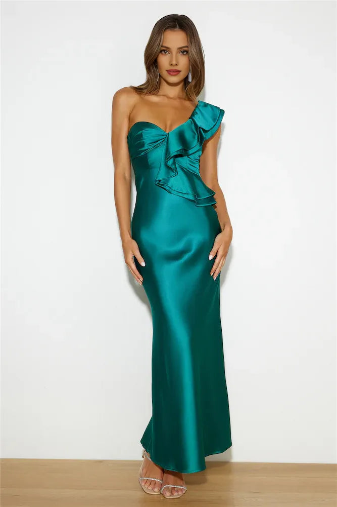 Green Mermaid One Shoulder Ruffle Maxi Prom Dress