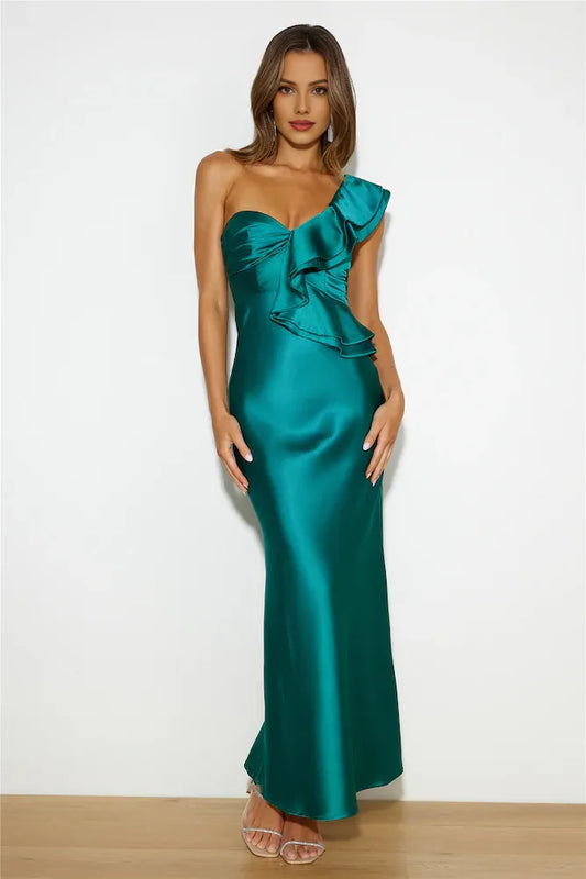 Elegant Green Ruffled Mermaid One-Shoulder Classic-Sleeve Classic-Back Floor-Length Prom Dress