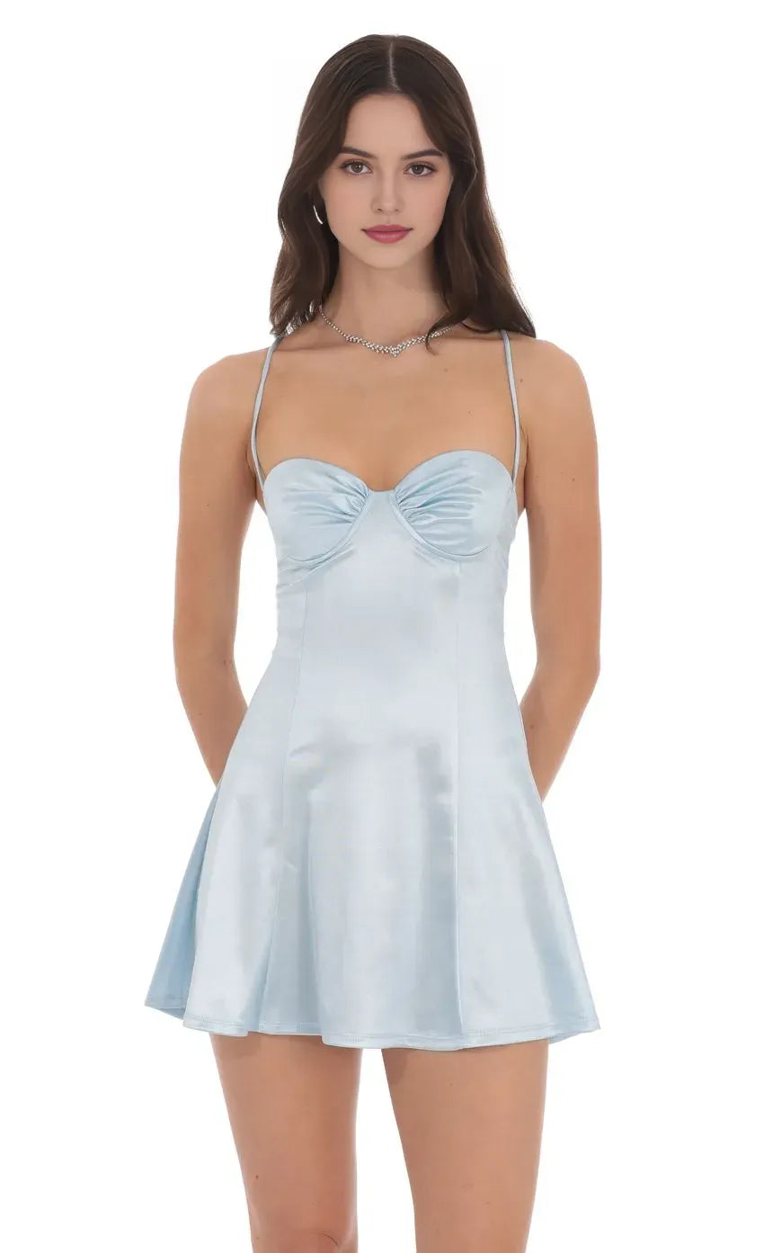 Light Blue Homecoming Dresses Spaghetti Straps, Ruched Sweetheart Neck Flared Skirt A Must Have for Creating a Stunning Look at Teenage School Celebrations