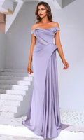 Lilac Off Shoulder Prom Dresses with Draped Front and Trim for Special Occasions