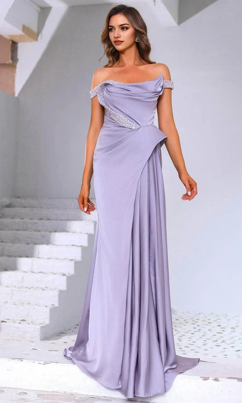 Lilac Off Shoulder Prom Dresses with Draped Front and Trim for Special Occasions