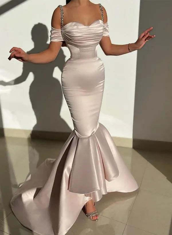Mermaid Off-Shoulder Crystal Straps Trumpet Champagne Prom Dress