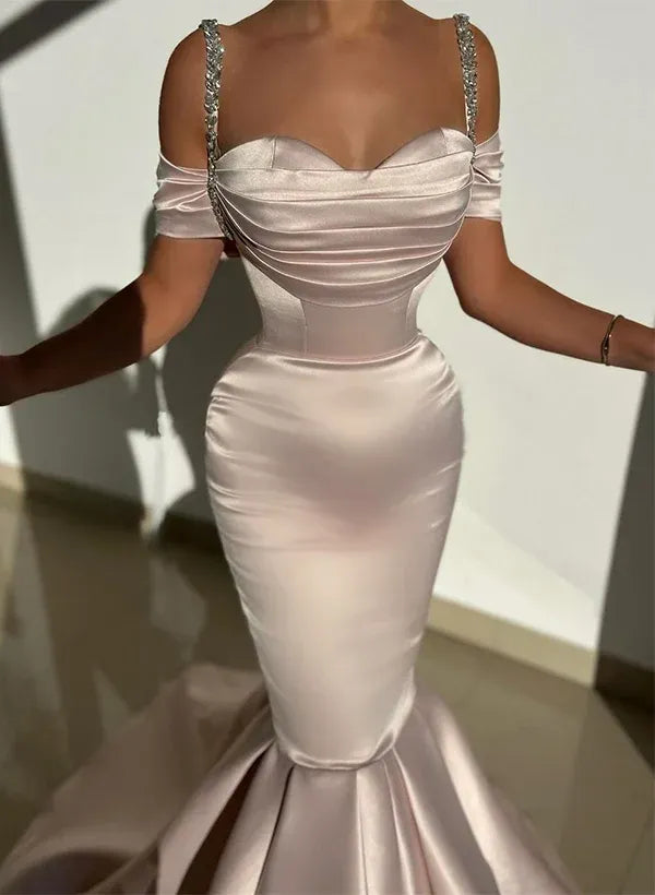 Mermaid Off-Shoulder Crystal Straps Trumpet Champagne Prom Dress