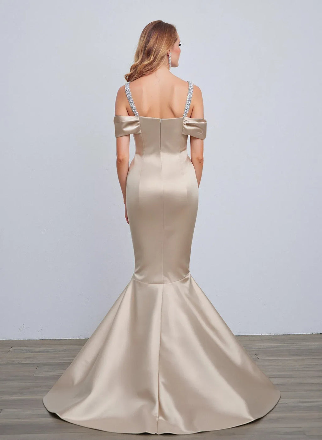 Mermaid Off-Shoulder Crystal Straps Trumpet Champagne Prom Dress